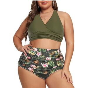 Olive Green Floral Women's Swim Set